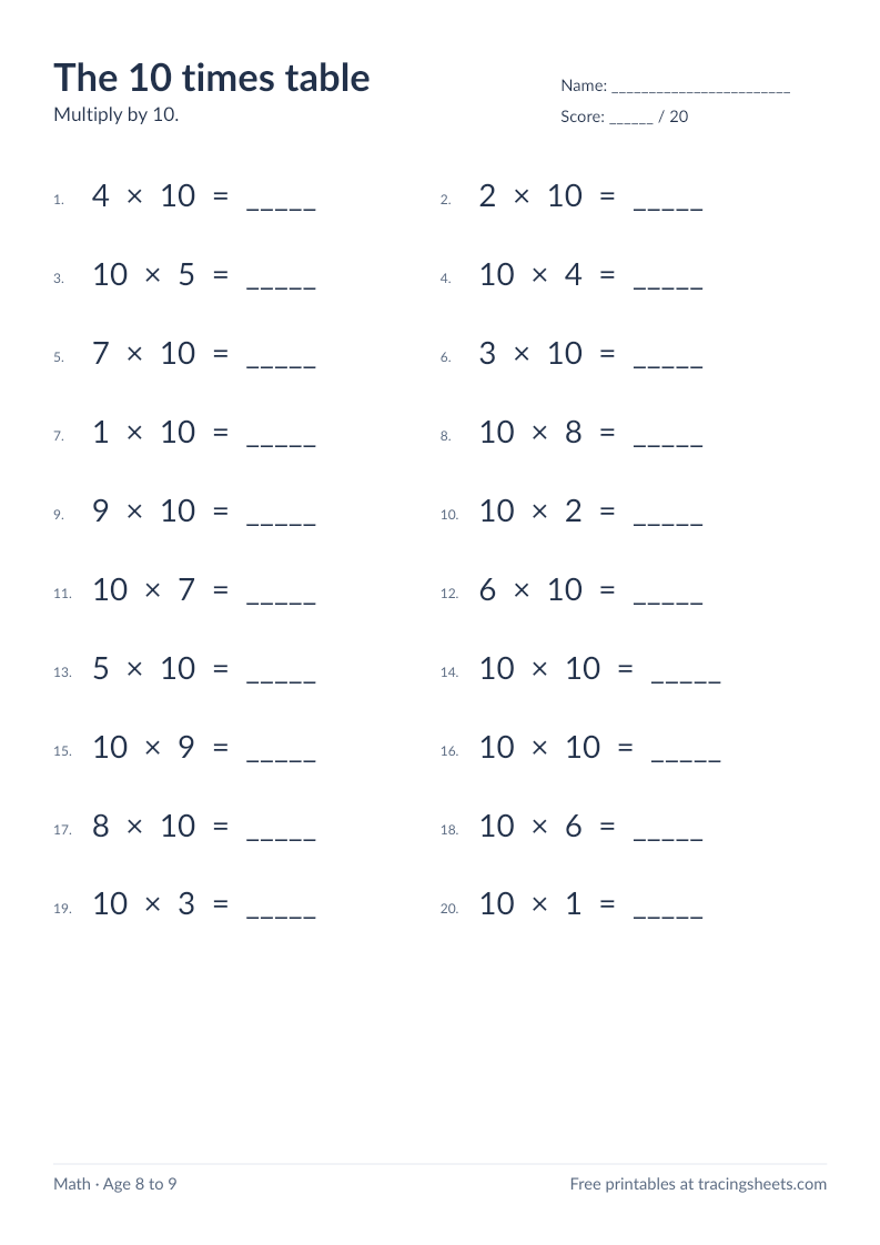Preview of the printable the 10 times table worksheet