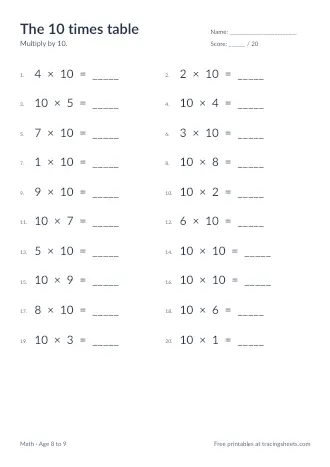 Preview of the the 10 times table worksheet