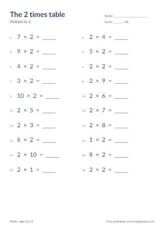 Preview of the the 2 times table worksheet