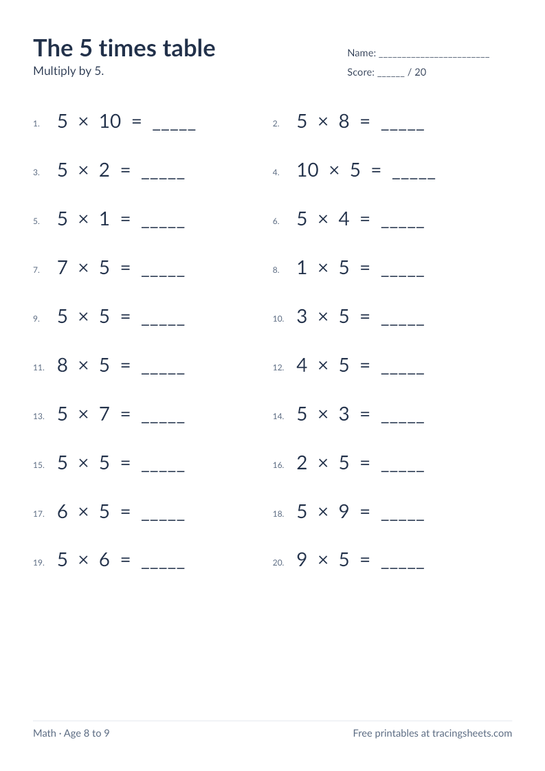 Preview of the printable the 5 times table worksheet