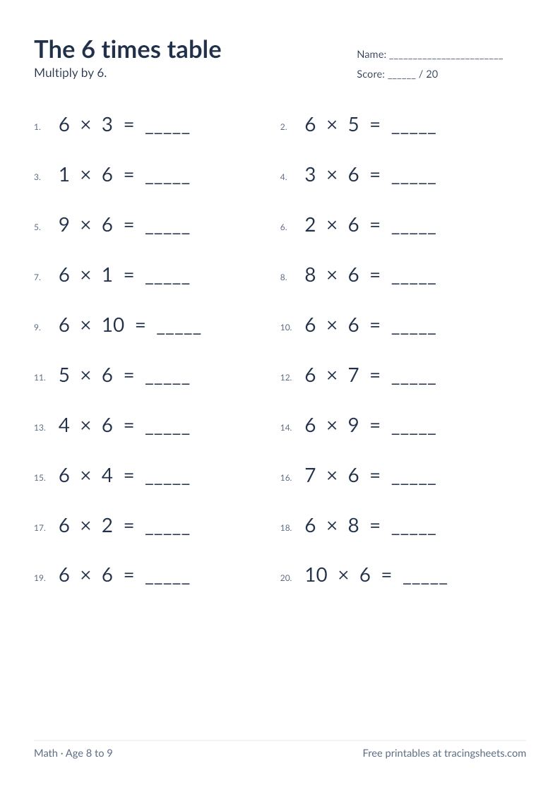 Preview of the printable the 6 times table worksheet