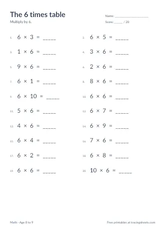 Preview of the the 6 times table worksheet