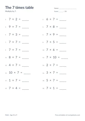Preview of the the 7 times table worksheet