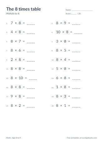 Preview of the the 8 times table worksheet