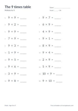 Preview of the the 9 times table worksheet