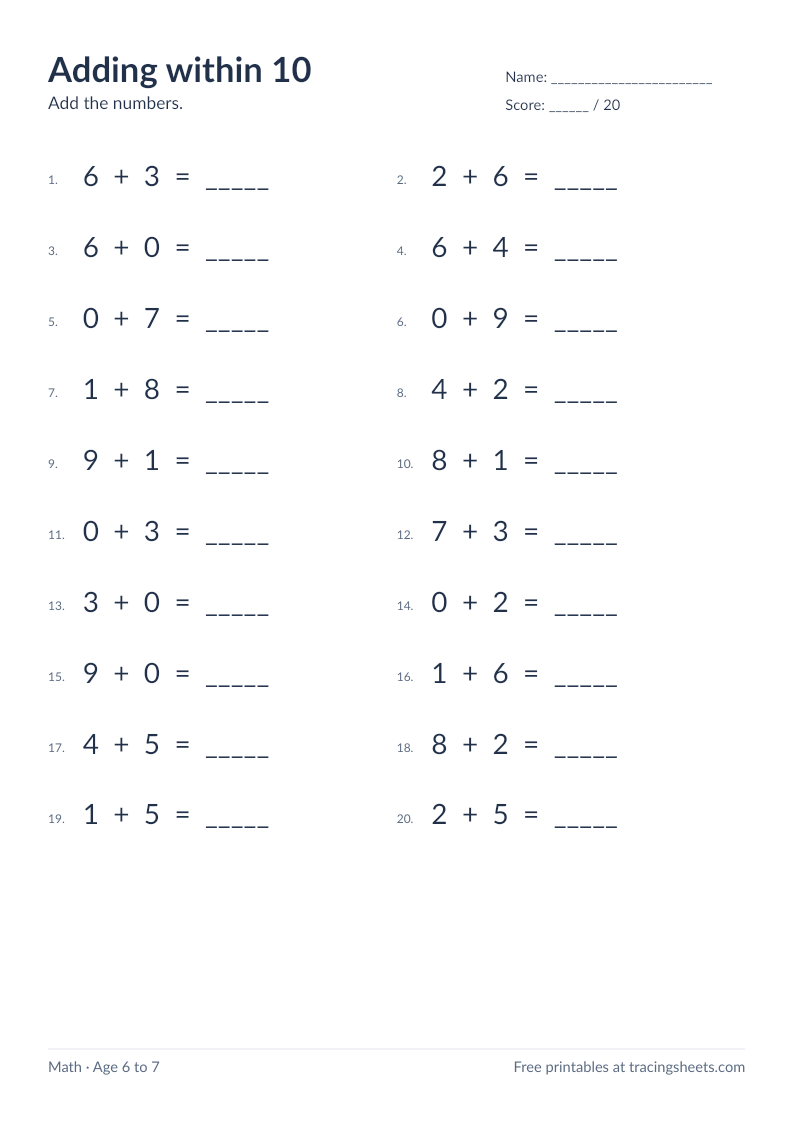 Preview of the printable adding within 10 worksheet