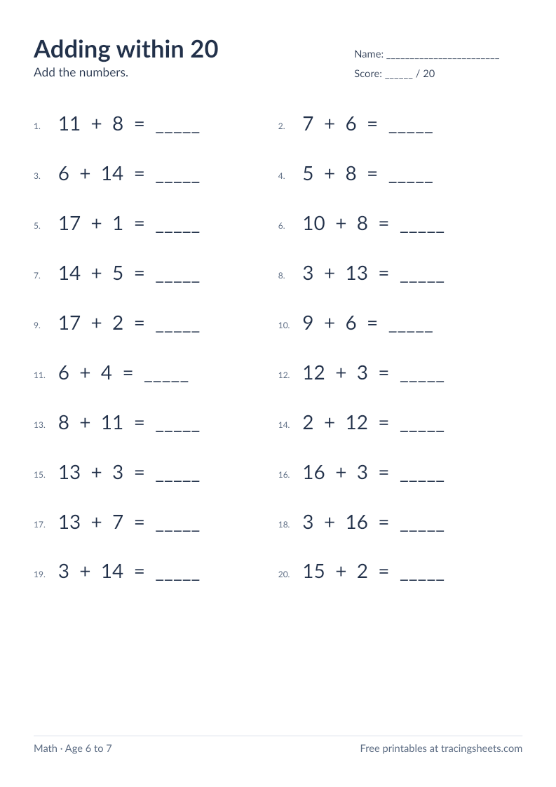 Preview of the printable adding within 20 worksheet