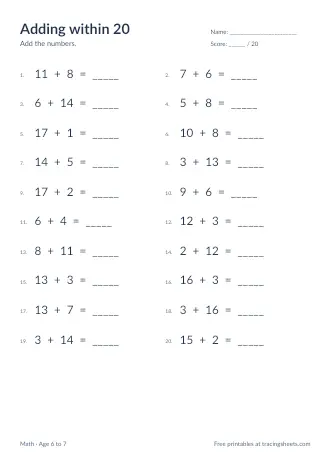 Preview of the adding within 20 worksheet