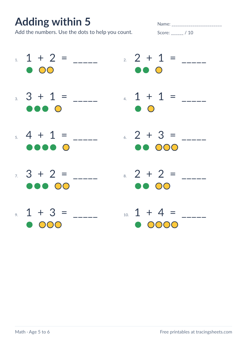 Preview of the printable adding within 5 worksheet