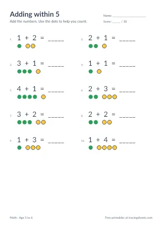 Preview of the adding within 5 worksheet