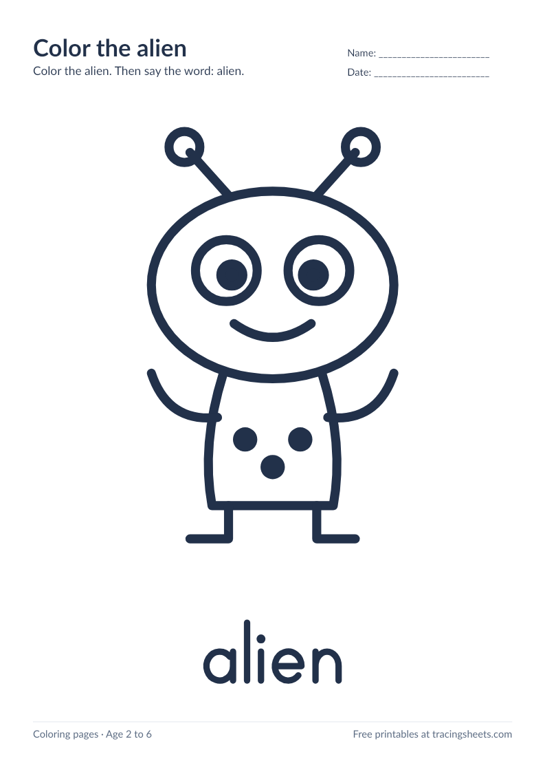 Preview of the printable color the alien worksheet