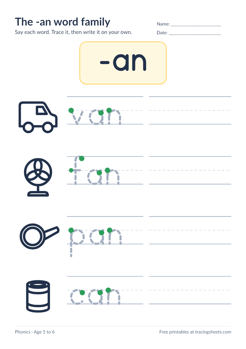 Preview of the printable the -an word family worksheet
