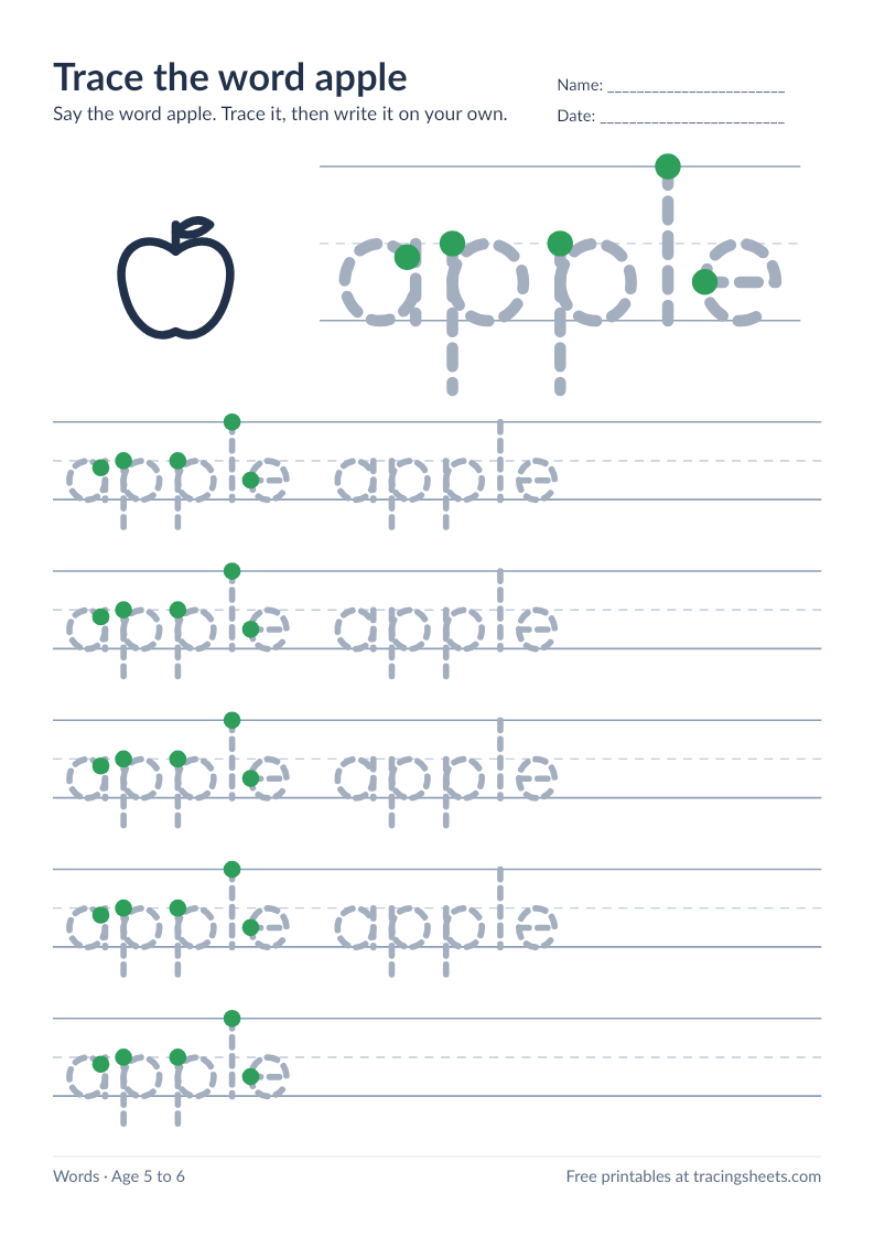 Preview of the printable trace the word apple worksheet