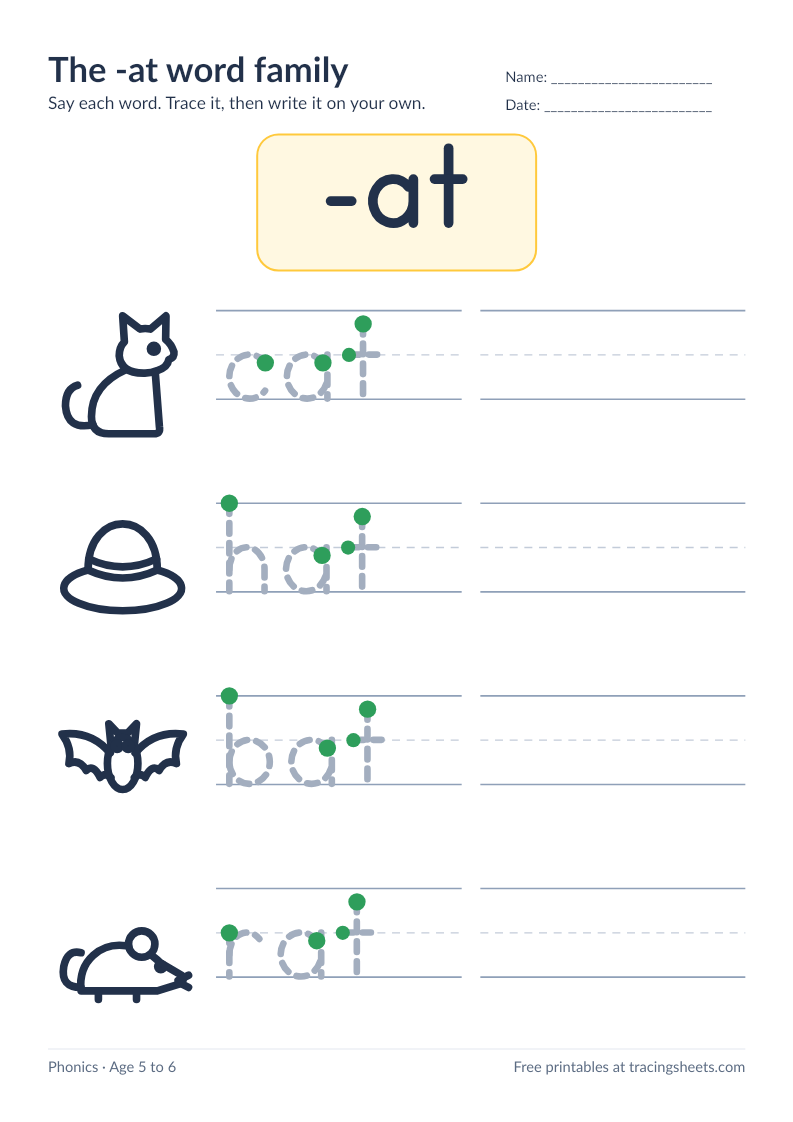 Preview of the printable the -at word family worksheet