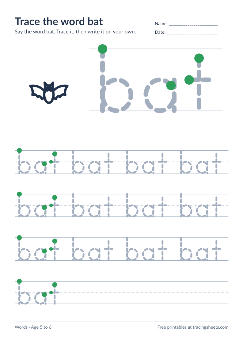Preview of the printable trace the word bat worksheet