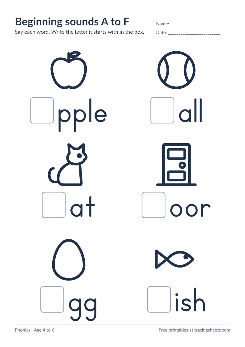 Preview of the printable beginning sounds a to f worksheet