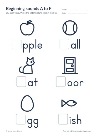 Preview of the beginning sounds a to f worksheet