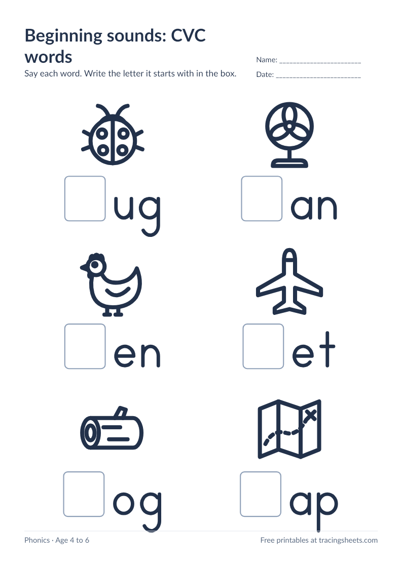 Preview of the printable beginning sounds: cvc words worksheet