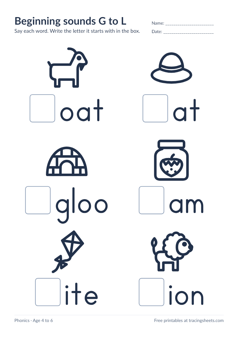 Preview of the printable beginning sounds g to l worksheet
