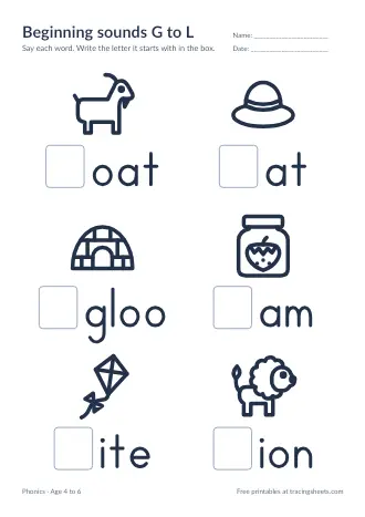 Preview of the beginning sounds g to l worksheet