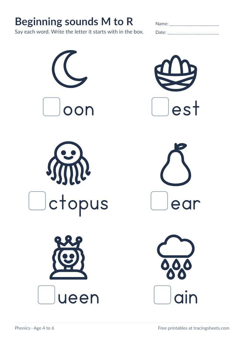 Preview of the printable beginning sounds m to r worksheet