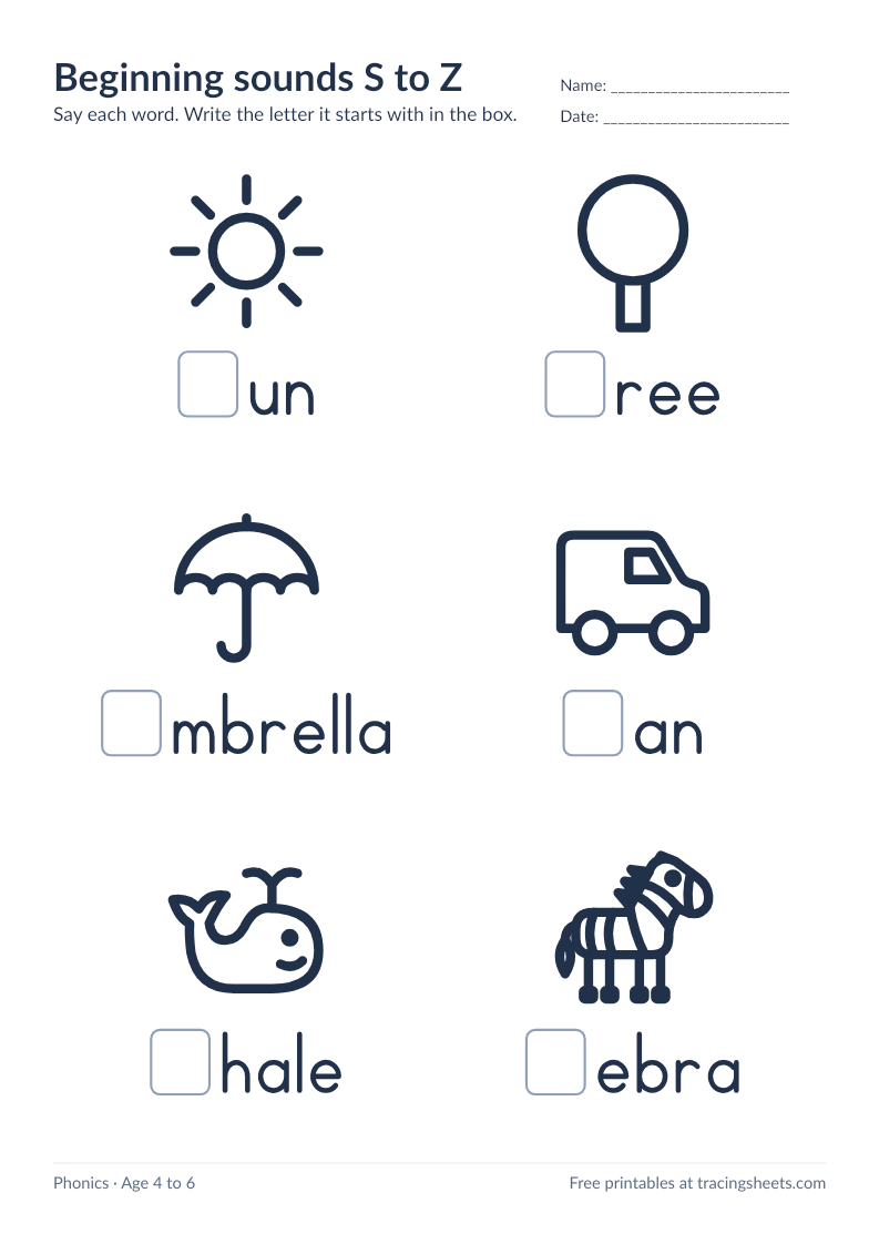 Preview of the printable beginning sounds s to z worksheet
