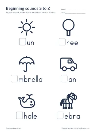 Preview of the beginning sounds s to z worksheet