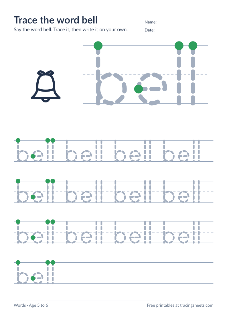 Preview of the printable trace the word bell worksheet
