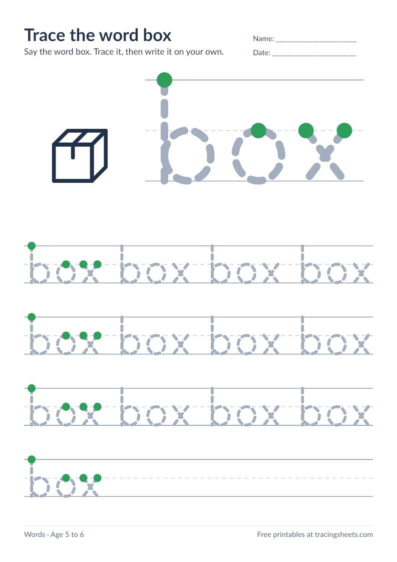 Preview of the printable trace the word box worksheet