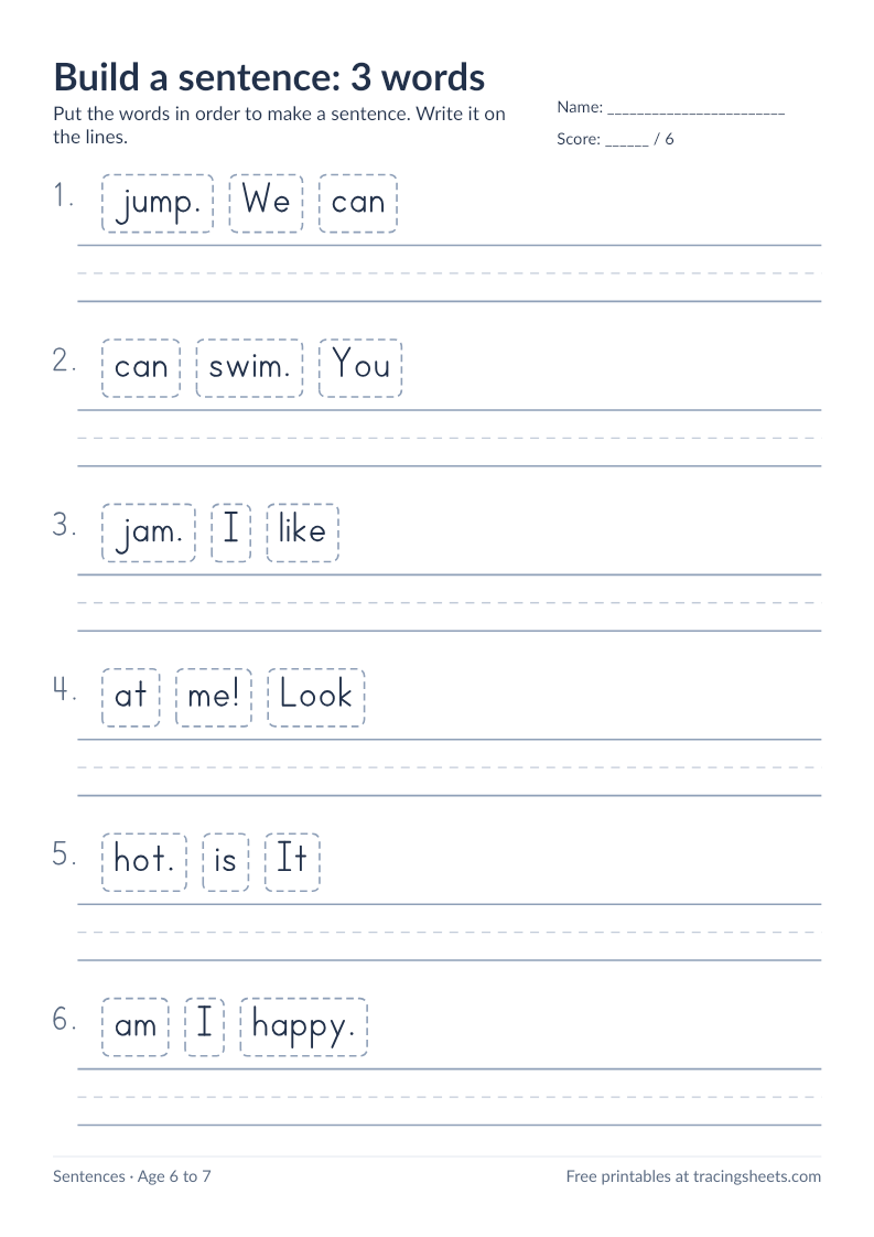 Preview of the printable build a sentence: 3 words worksheet