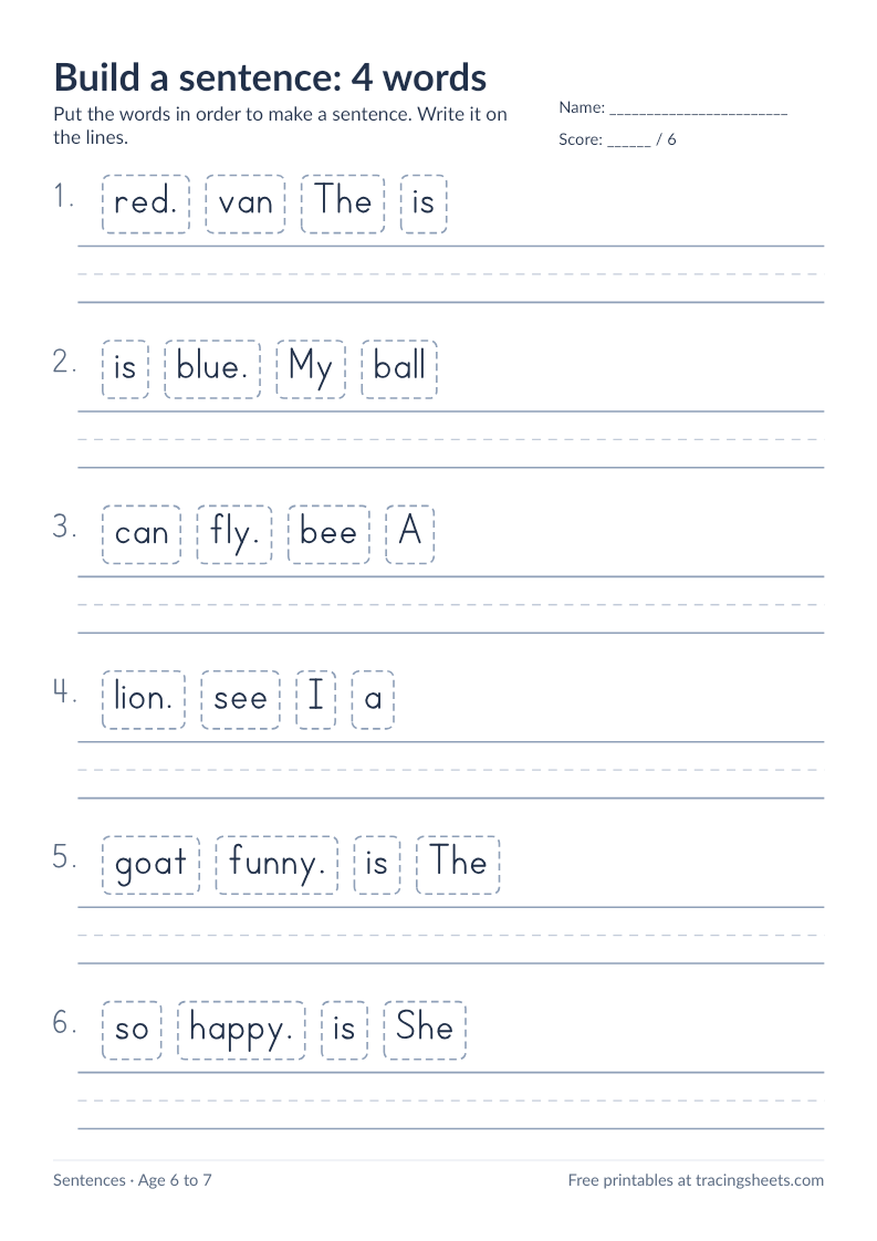 Preview of the printable build a sentence: 4 words worksheet