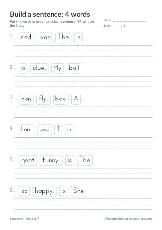 Preview of the build a sentence: 4 words worksheet
