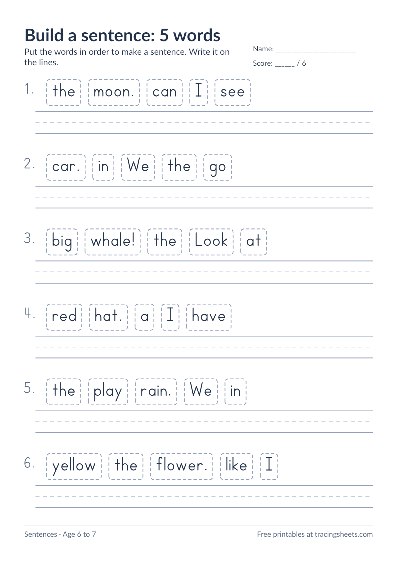 Preview of the printable build a sentence: 5 words worksheet