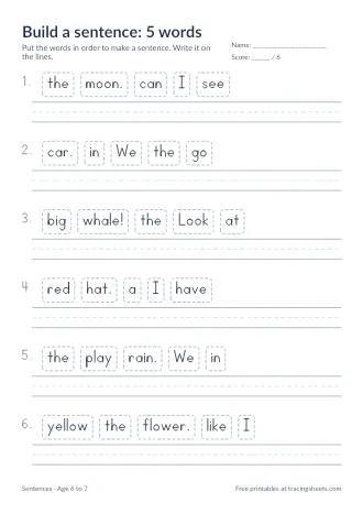 Preview of the build a sentence: 5 words worksheet