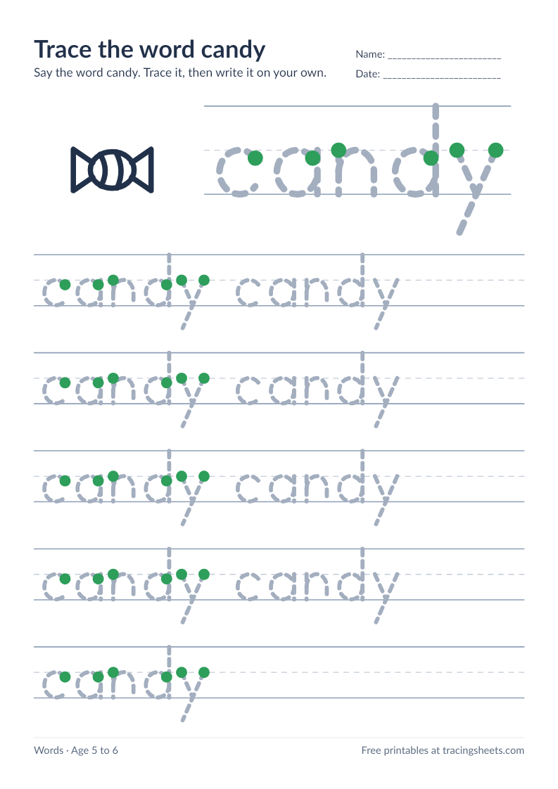 Preview of the printable trace the word candy worksheet