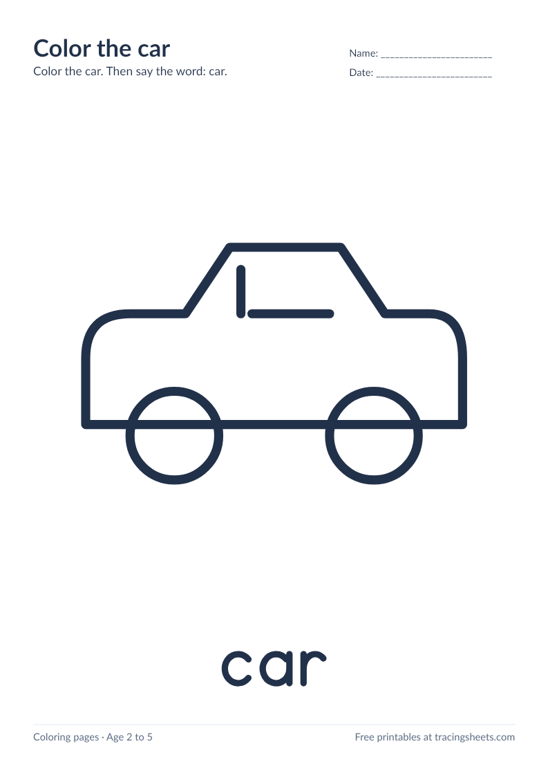 Preview of the printable color the car worksheet