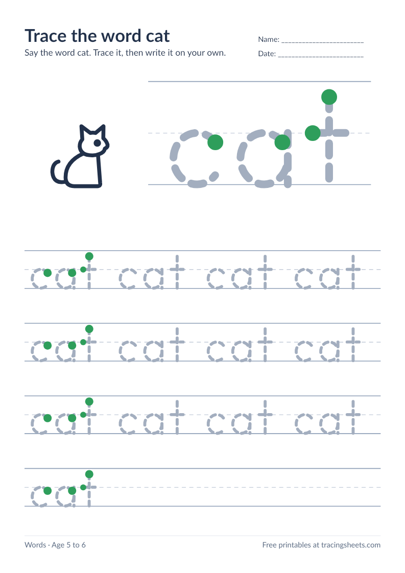 Preview of the printable trace the word cat worksheet
