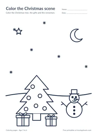 Preview of the color the christmas scene worksheet