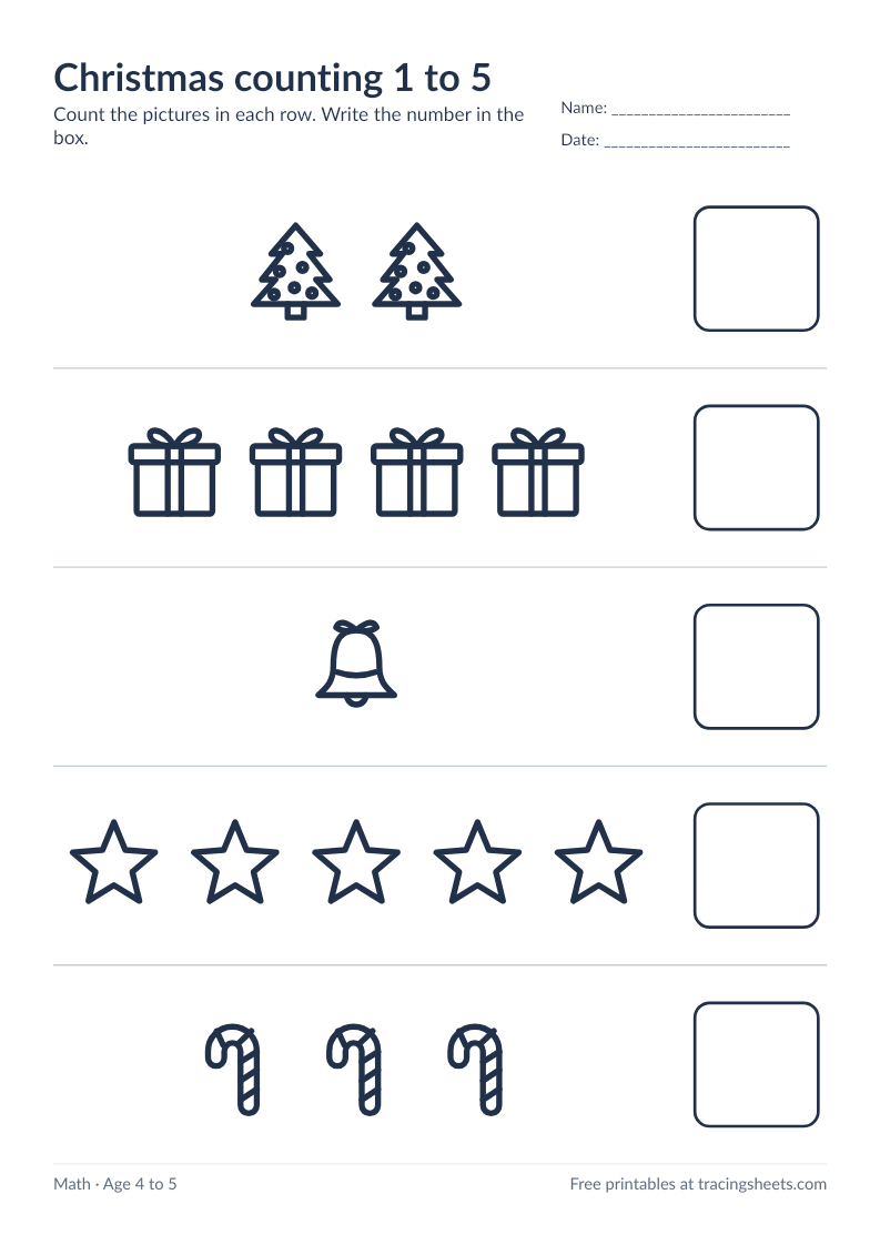 Preview of the printable christmas counting 1 to 5 worksheet