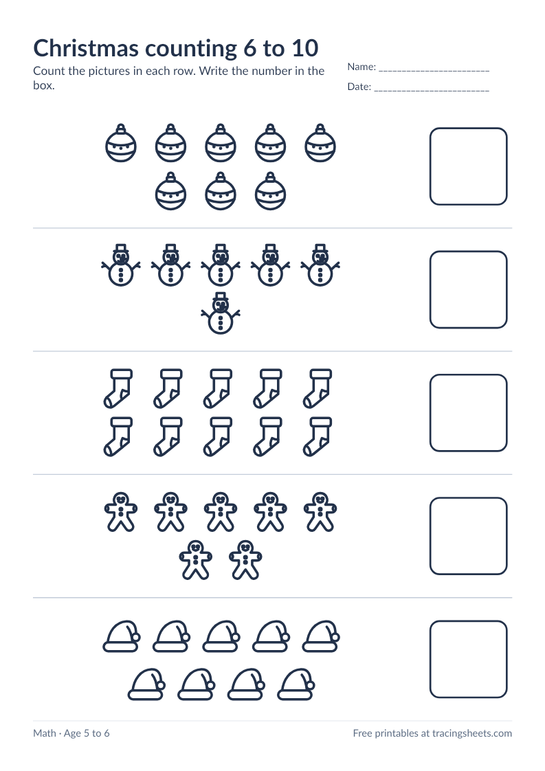 Preview of the printable christmas counting 6 to 10 worksheet