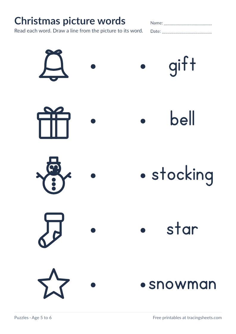 Preview of the printable christmas picture words worksheet