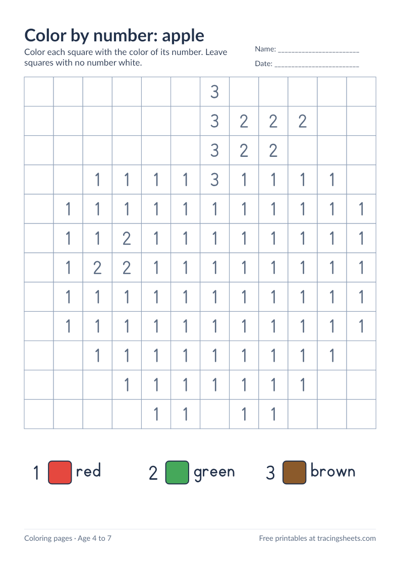 Preview of the printable color by number: apple worksheet