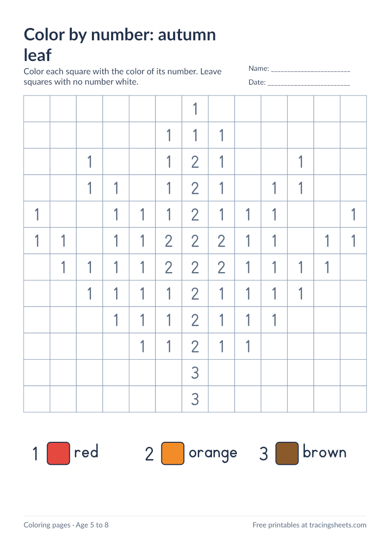 Preview of the printable color by number: autumn leaf worksheet