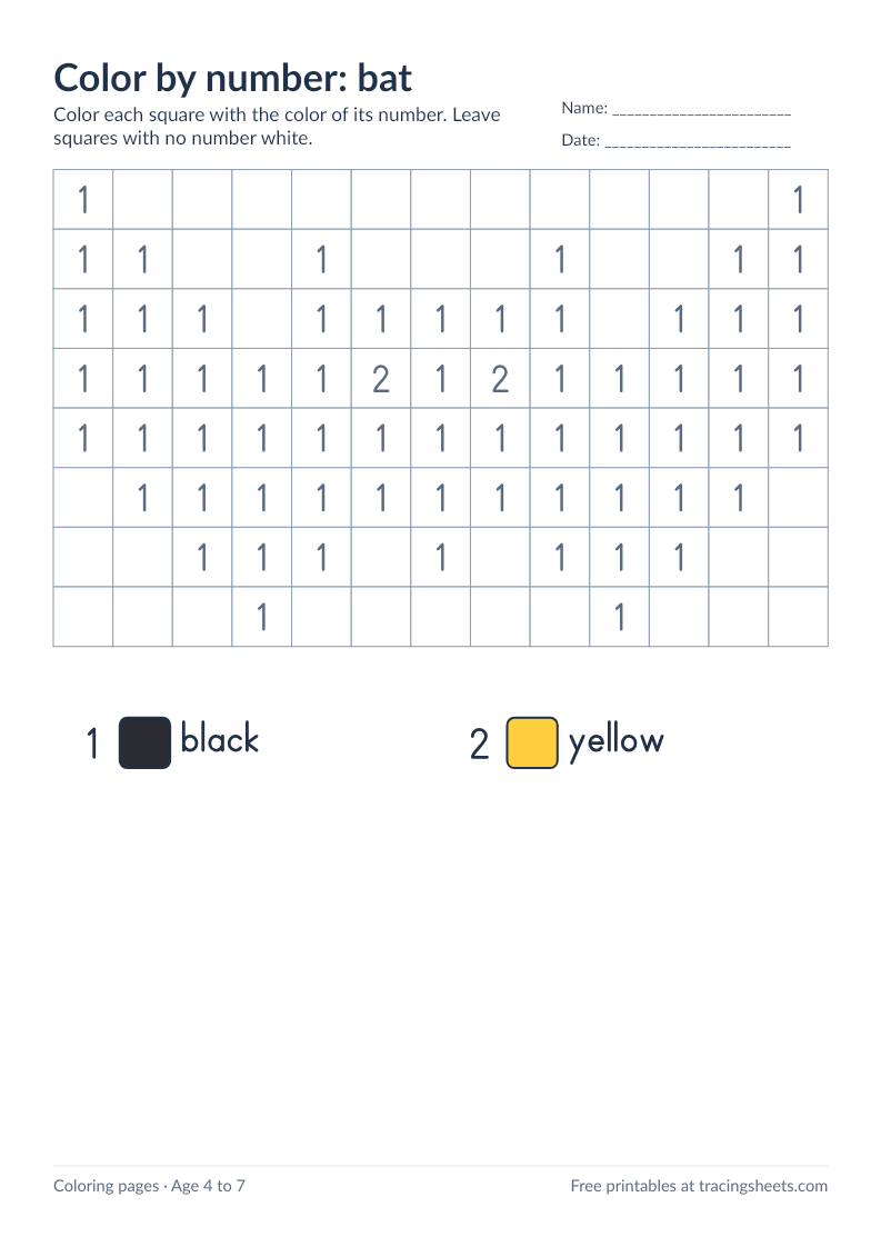 Preview of the printable color by number: bat worksheet