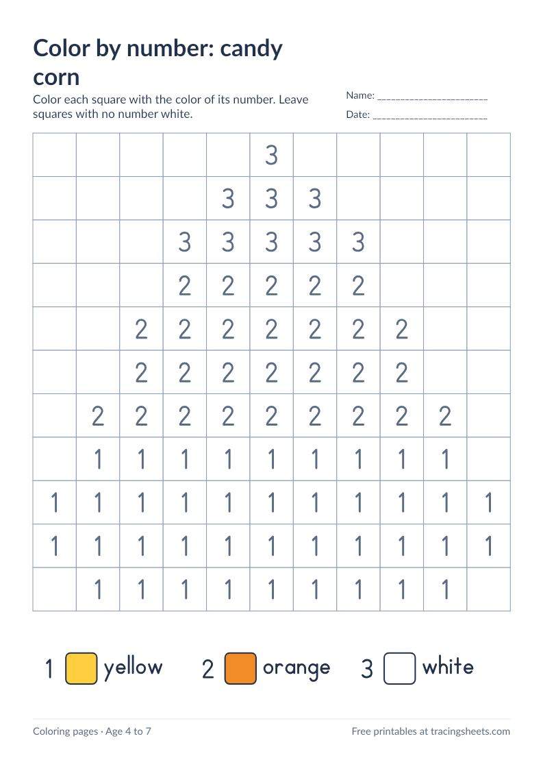 Preview of the printable color by number: candy corn worksheet