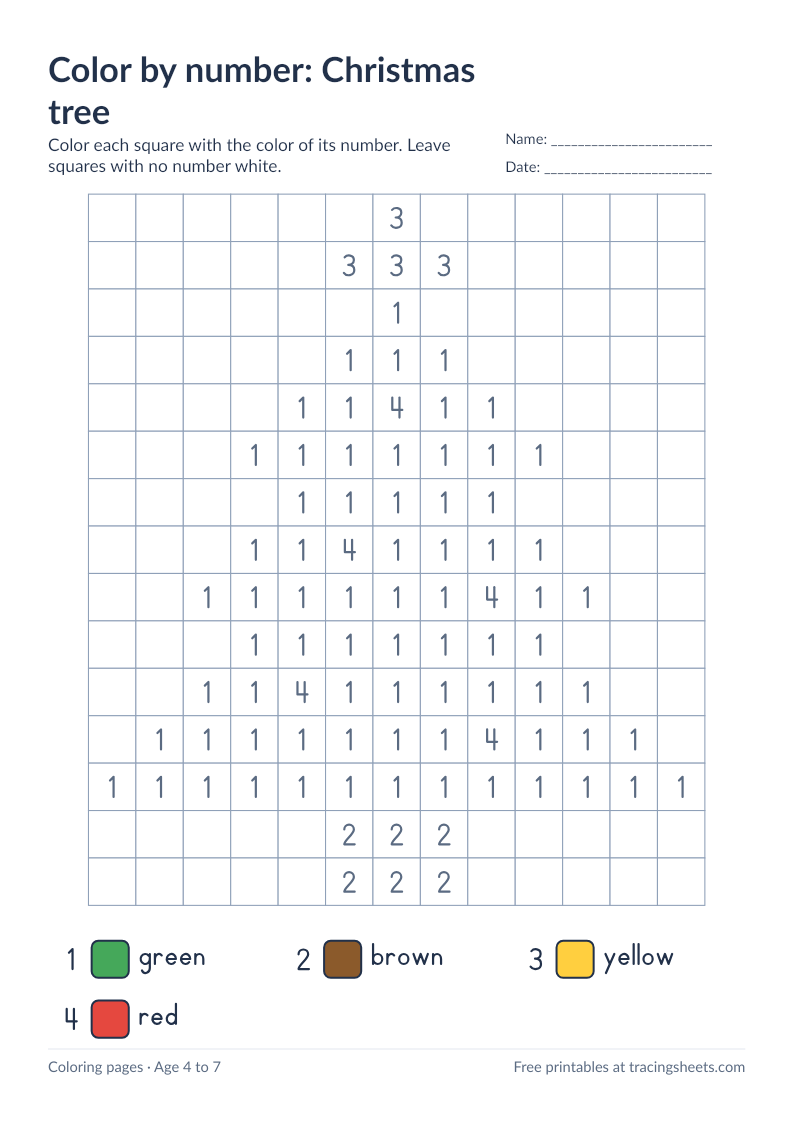 Preview of the printable color by number: christmas tree worksheet