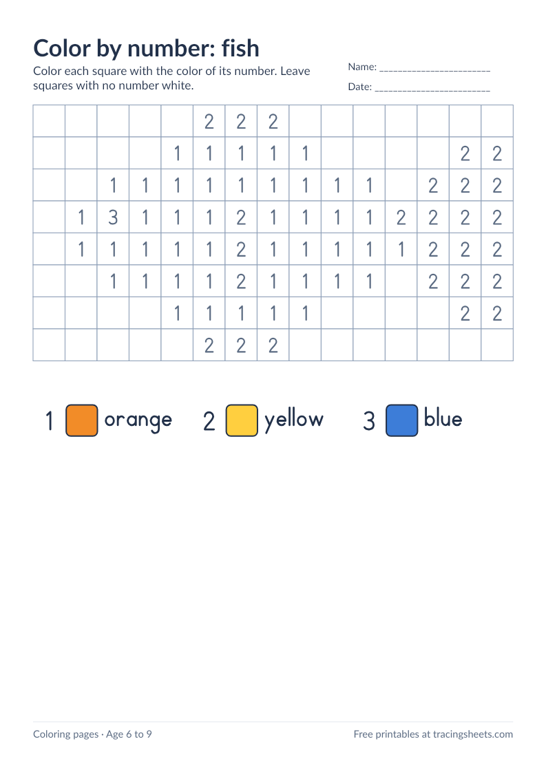 Preview of the printable color by number: fish worksheet