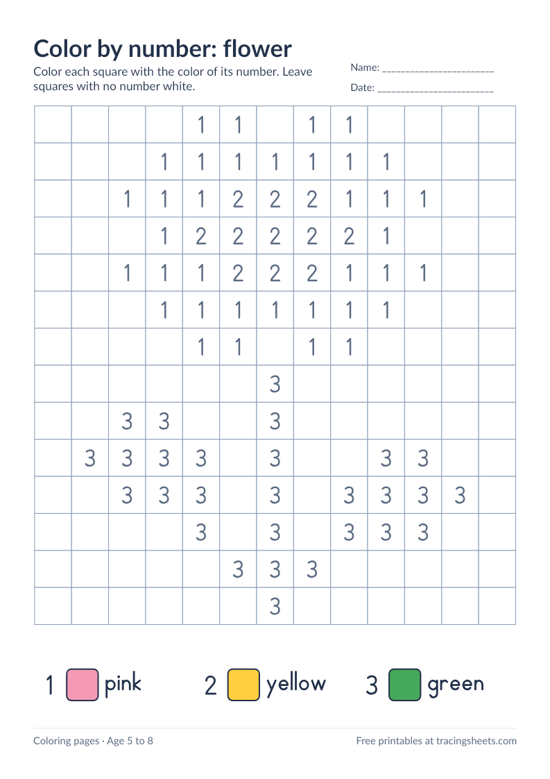 Preview of the printable color by number: flower worksheet