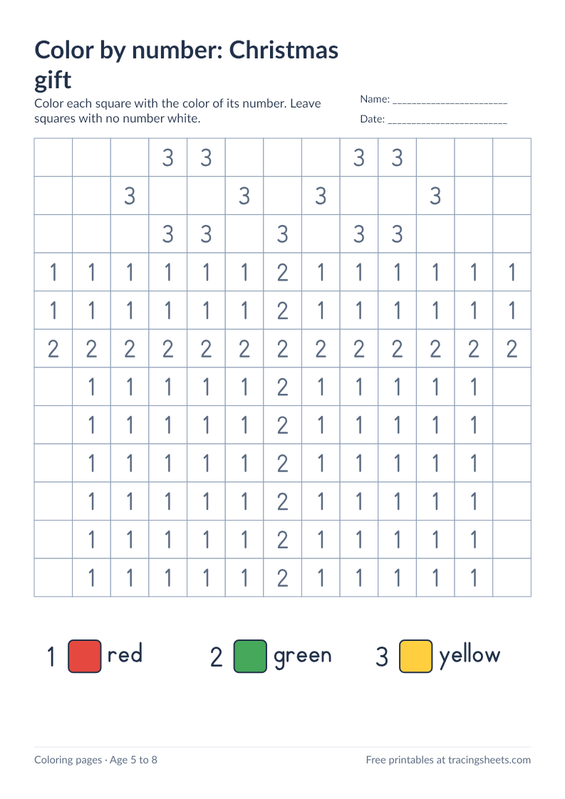 Preview of the printable color by number: christmas gift worksheet