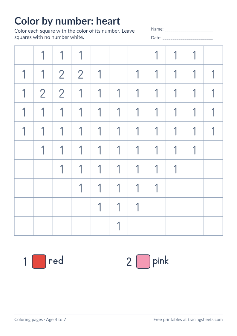 Preview of the printable color by number: heart worksheet